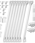 8 Pack White Steel Wire Shelf Brackets 17 Inch Heavy Duty Closet Support Hardware setup with quick snap clips and end caps.