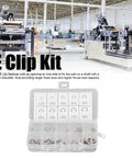Heavy Duty Stainless Steel E Clamp Set 120 Piece Assortment Kit for secure bearing fastening displayed in open storage box.