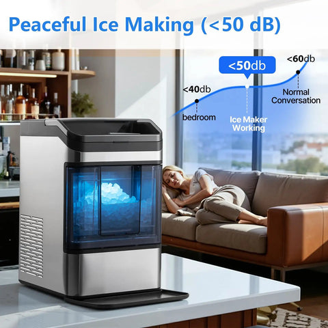 Countertop Nugget Ice Maker Makes Forty Eight Pounds Per Day With Instant Freeze Speed And Zero Stress Cleaning Whips Up Smooth Chewable Pellets For Legit Chill Backyard Hangs on kitchen countertop, producing soft ice quietly.