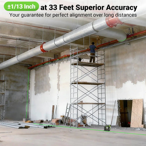 Top Notch Upgraded 360 Degree Laser Level With Electric Fine Adjustment Rotating Base Remote Control Rechargeable Self Leveling High Accuracy 1/13 Inch Pulse Mode For Precise DIY And Pro Projects in use for precise ceiling alignment in an industrial setting with scaffolding and ductwork.