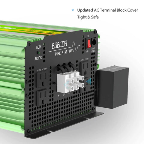 Rear view of 3500W Pure Sine Wave Inverter 12V DC To 120V AC Power Converter with AC terminal block and LCD remote.