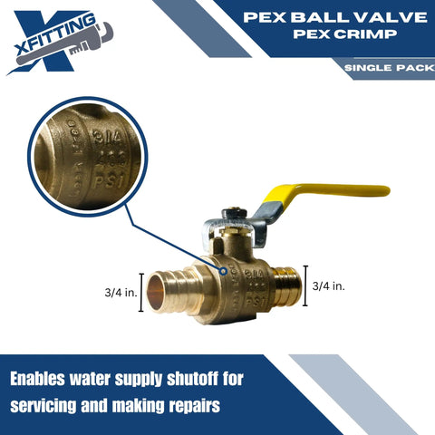 10 Pack PEX Ball Valves Three Quarter Inch Full Port Brass For Potable Water And Hydronic Heating, Crimp Connection