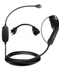 Plug Straight Into Your Driveway With This Heavy Duty Level 1 Plus 2 EV Charger Handing Out Quick 16 Amp Juice On 240 Volt Circuits And Rolling Completely No Sweat With Every J1772 Plug For Those Long Hauls. Black charging cord with J1772 plug and power adapter.