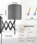 Plug In LED Wall Sconce Set Of 2 In Dark Grey Cool Modern Bedroom Lamps With Edison Bulb Included, adjustable arm specs.