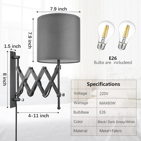Plug In LED Wall Sconce Set Of 2 In Dark Grey Cool Modern Bedroom Lamps With Edison Bulb Included, adjustable arm specs.