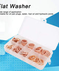 120 Piece Premium Red Copper Washers Assortment Kit Includes Tough Flat Gaskets For Sealing Oil Pan Plugs Fuel Lines Hydraulic Connections With Storage Box Organizer For Easy Access And High Thermal Conductivity Works Wicked Well Under Pressure., open plastic organizer with red copper flat washers for oil pan plugs and hydraulic joints