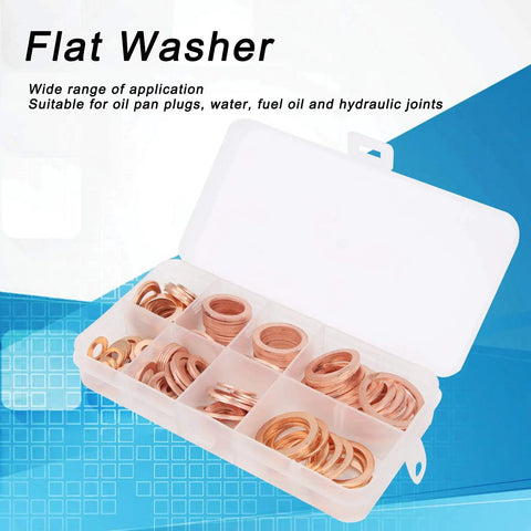 120 Piece Premium Red Copper Washers Assortment Kit Includes Tough Flat Gaskets For Sealing Oil Pan Plugs Fuel Lines Hydraulic Connections With Storage Box Organizer For Easy Access And High Thermal Conductivity Works Wicked Well Under Pressure., open plastic organizer with red copper flat washers for oil pan plugs and hydraulic joints