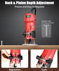 Beefy 630W Wood Router Tool with Fixed Base showcasing rack and pinion depth adjustment, scale for precise woodworking.