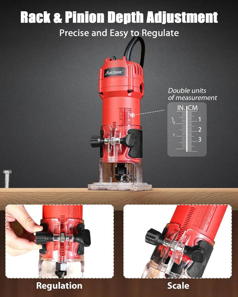 Beefy 630W Wood Router Tool with Fixed Base showcasing rack and pinion depth adjustment, scale for precise woodworking.
