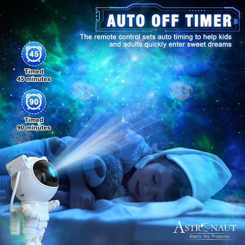 Child asleep with Cosmic Projector Lamp With LED Night Light For Kids, Spaceman Starry Sky Night Projector