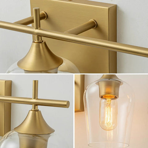 Close-up of Three Light Bronze Vanity Light Fixture With Glass Shade showing bulb, brass finish, and mounting bracket detail.