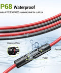 30Ft 10 Gauge Solar Extension Cable with waterproof connectors, IP68 rated, suitable for outdoor RVs and off-grid solar systems.
