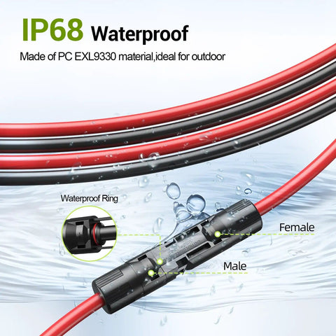 30Ft 10 Gauge Solar Extension Cable with waterproof connectors, IP68 rated, suitable for outdoor RVs and off-grid solar systems.