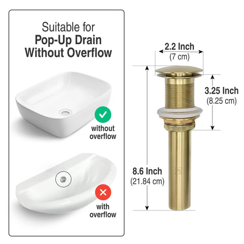 Diagram showing suitability of Pop-Up Drain Without Overflow with dimensions for brushed gold vessel sink faucet.