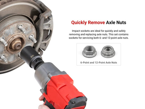 Power tool using Half Inch Drive Deep Impact Socket Set With Case, 14-Piece Metric 27-39mm on axle nuts