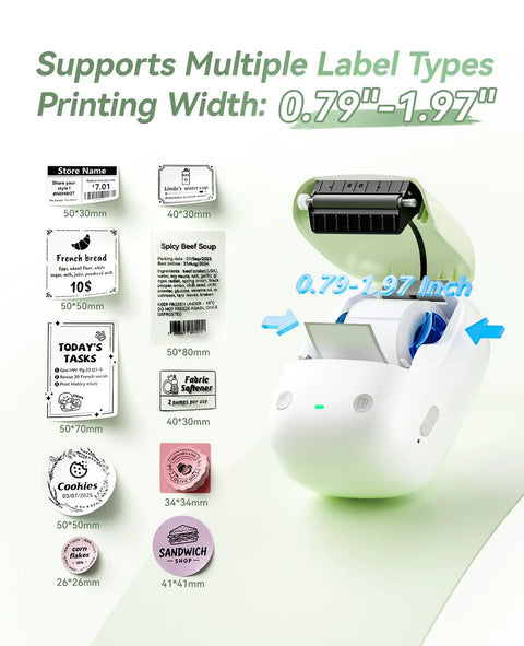 No Sweat Portable Label Maker With Bluetooth And One Touch Offline Printing For Sweet Home Office Organization Ready To Roll Including Tape In Classic Green White Finish with label width support 0.79-1.97 inches.