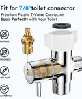 Premium plastic T-valve connector for 7/8" toilet with anti-leak, anti-crack, anti-rust features, fits perfectly for easy installation.