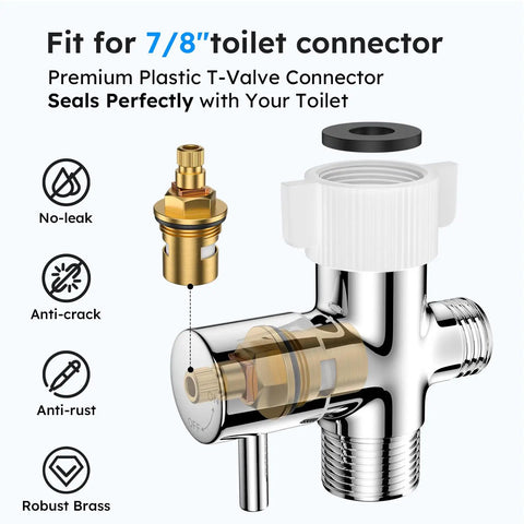 Premium plastic T-valve connector for 7/8" toilet with anti-leak, anti-crack, anti-rust features, fits perfectly for easy installation.