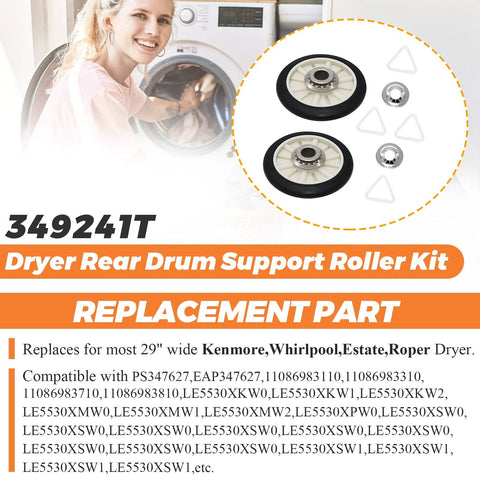 Heavy Duty Dryer Rear Drum Support Roller Kit For 29 Inch Wide Kenmore Whirlpool Estate Roper Dryers Pack Of 2 Beaquicy Includes Drum Rollers Tri Rings And Retaining Washers Easy Install Replacement Parts displayed with parts list