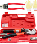 Beefy 10 Ton Hydraulic Cable Crimper Tool for 1/8 and 3/16 Stainless Steel Cable Railing Fittings with case, gloves, and cutter.
