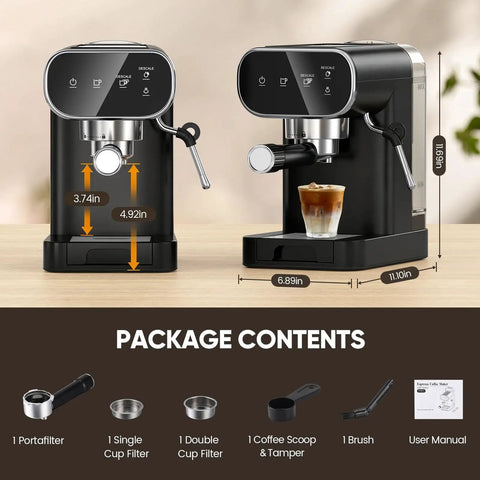 Straight Out The Coffeehouse, Espresso Maker With Auto Milk Frother And Touchscreen Controls, side view with cup.