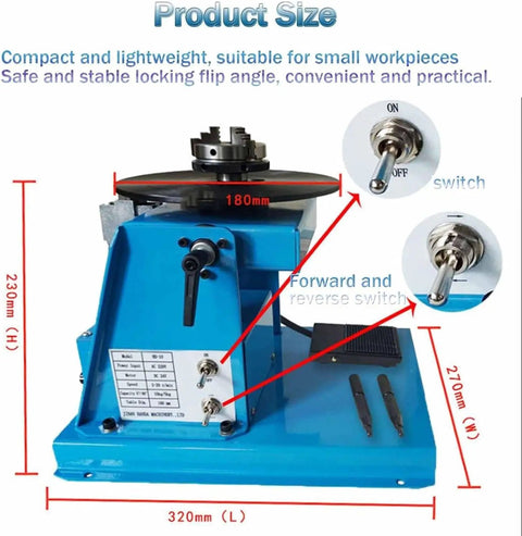 Rock Solid 10kg Rotary Welding Positioner Turntable with size dimensions and control switches for precise welding tasks.