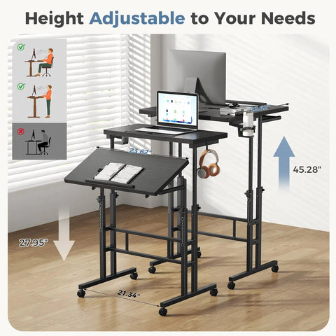 Split Top Rolling Standing Desk With Adjustable Height From 28 To 45 Inches Manual Lift Mobile Laptop Desk On Wheels Black in room
