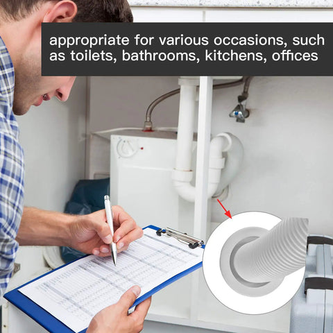 Man inspecting under-sink plumbing with Silicone Drain Seal Plug 4 Pack For Toilets, Bathrooms, Kitchens And Washing Machines Odor Control Flexible Sewer Seal Ring in focus.