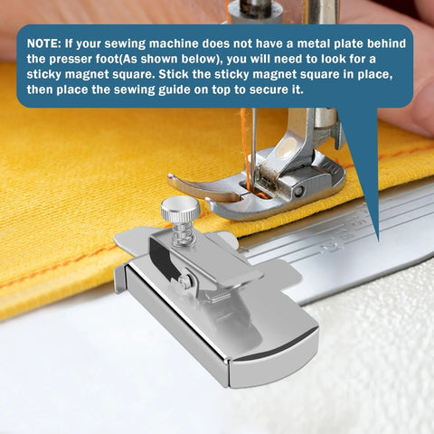 Front view of a chrome TIGARI magnetic seam guide with clamp on a sewing machine bed.