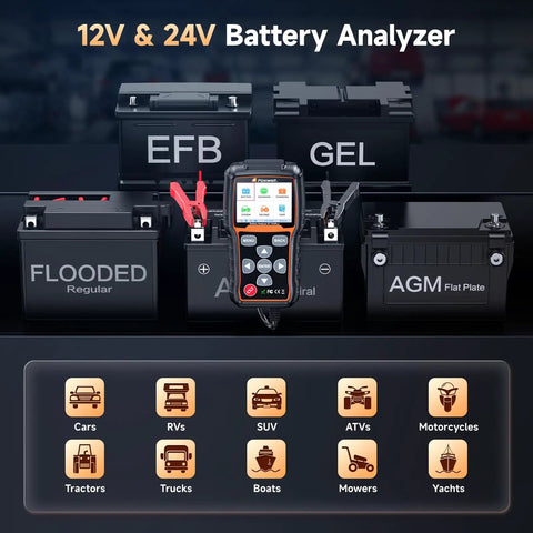 BT705Plus Car Battery Tester 24V 12V Load Tester And Alternator Tester For Fast, Accurate Battery Health Checks Even On Nearly Dead Batteries Built For Pros And DIYs Who Want Fast Results, Clear Readings, And Dependable Performance. 12V/24V battery analyzer with clamps for EFB, GEL, AGM, flooded batteries