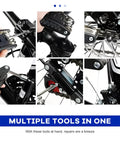 Close-up of 16-In-1 Motorcycle And Bike Repair Tool Kit with foldable multitool in use, featuring hex wrenches and screwdrivers on bikes.