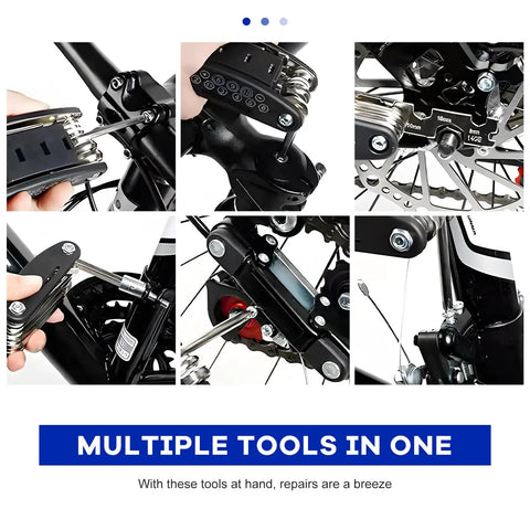 Close-up of 16-In-1 Motorcycle And Bike Repair Tool Kit with foldable multitool in use, featuring hex wrenches and screwdrivers on bikes.