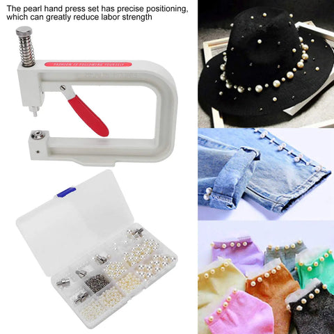Top-Notch Hand Press Pearl Setting Machine For Crafting with precise positioning tool and pearl kit for embellishing fabric.