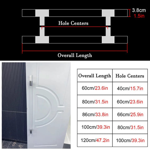 Acrylic Sliding Door Handle Kit 47.2 Inch Long Clear Double Sided Pull Handles mounted on office door with size chart