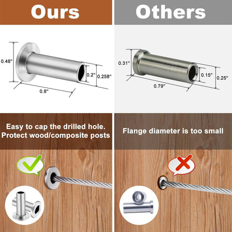 Comparison of stainless steel protector sleeves for deck cable railing highlighting size and fit in wood posts.