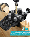 Self Centering Dowel Jig Kit With 1/4 3/8 1/2 Drill Bushings For Flawless Woodworking Joints Hassle Free Diy Furniture Assembly Cabinet Making in use on wooden surface.