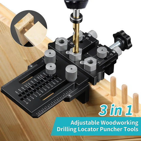 Self Centering Dowel Jig Kit With 1/4 3/8 1/2 Drill Bushings For Flawless Woodworking Joints Hassle Free Diy Furniture Assembly Cabinet Making in use on wooden surface.
