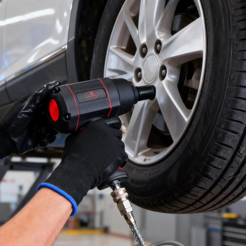 Heavy Duty 1/2 Inch Air Impact Wrench With Killer 1200 Ft Lb Torque And Twin Hammer Design being used on a tire in a garage.
