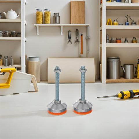 Heavy Duty Adjustable Leveling Feet With Swivel Bottoms And Thick Rubber Non Slip Grip For Shop Tables Tough Carbon Steel Frame Rock Solid Setup Protection Two Piece Bundle on workshop table.