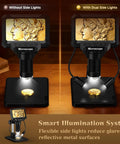 4.3 Inch LCD Digital Coin Microscope With Dual Side Lighting For Coin Collectors To Inspect Doubled Die RPM Scratches And Fine Mint Details; comparison with and without side lights