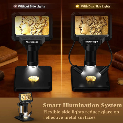 4.3 Inch LCD Digital Coin Microscope With Dual Side Lighting For Coin Collectors To Inspect Doubled Die RPM Scratches And Fine Mint Details; comparison with and without side lights