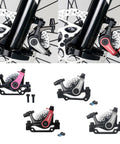 Heavy Duty Aluminum Alloy Disc Brake Kit For Electric And Mountain Bikes Featuring Dual Piston Hydraulic Calipers, shown in black, red, and pink.