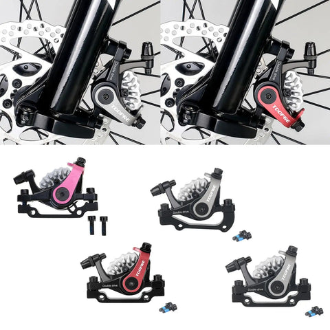 Heavy Duty Aluminum Alloy Disc Brake Kit For Electric And Mountain Bikes Featuring Dual Piston Hydraulic Calipers, shown in black, red, and pink.