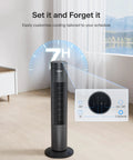 30 Inch Oscillating Tower Fan For Bedroom With Remote Control Quiet 3 Speed Settings ETL Certified Black 7 Hour Timer Keeps You Cool All Night And Day in a living room with 7-hour timer display.