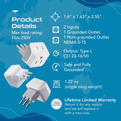 Italy And Chile Travel Plug Adapter Set With Type L Grounded Socket Dual USA Input Compact 3 Pack and product details chart