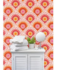 Bold Pink Geometric Sun Wallpaper With Matte Linen Texture Paste To Paper Accent Wall Roll Hella Durable Home Decor smooth plant and mirror
