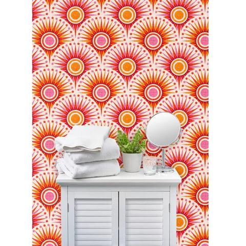 Bold Pink Geometric Sun Wallpaper With Matte Linen Texture Paste To Paper Accent Wall Roll Hella Durable Home Decor smooth plant and mirror