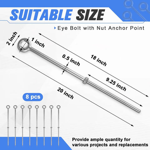 Diagram of eight pack one half inch by eighteen inch beefy eye bolts with nuts, hot dip galvanized, showing dimensions and quantities.