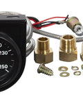 Bosch 2-inch mechanical water/oil temperature gauge with black dial and bezel; brass fittings and sensor included