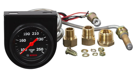 Bosch 2-inch mechanical water/oil temperature gauge with black dial and bezel; brass fittings and sensor included